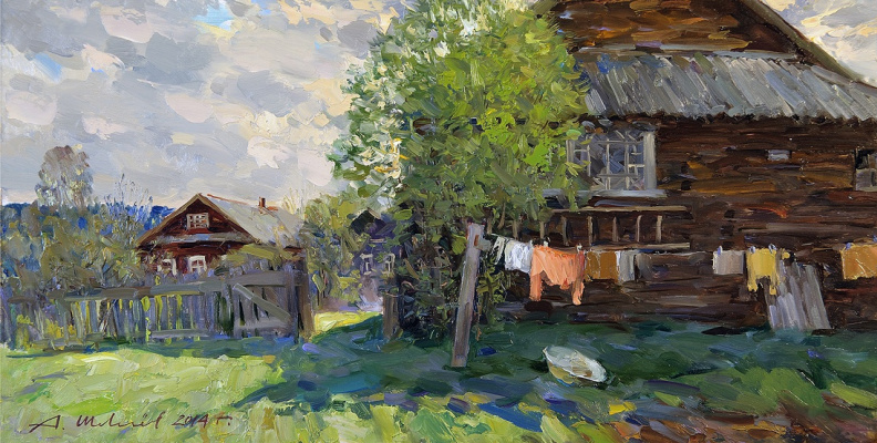 Alexander Shevelyov. May in the village. D. V. P., oil 32 x 63, 5 cm 2014