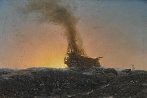 Burning ship at sea