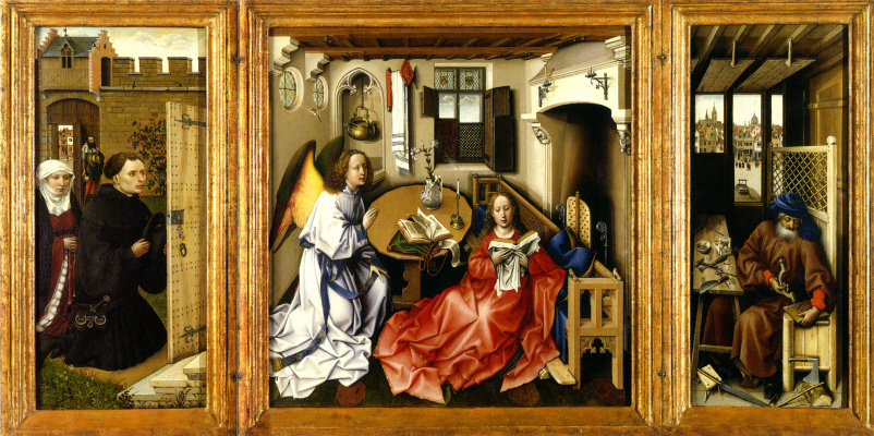 Robert Kampen. The Altar Of Merode. The Annunciation Of The Blessed Virgin. Central scene: the Annunciation, left wing: Donors, right wing: Joseph in the workshop