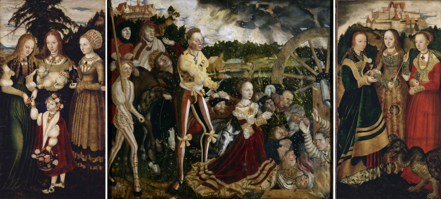 Lucas Cranach the Elder. Altar der heiligen Katharina. Der zentrale Teil: Das Martyrium der heiligen Katharina; linke Seite: Heilige Dorothea, Agnes und Kunigunda; rechte Seite: Die Heiligen Barbara, Ursula und Margaret