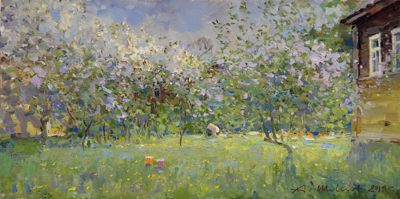 Alexander Shevelyov. Blooming garden. D.V.P., oil 30 x 60 cm. 2014