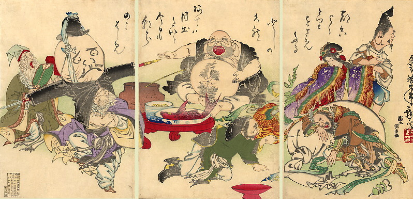 Tsukioka Yoshitoshi 三联画：七大财神沉醉于醉酒的狂欢中, 1882, 72 