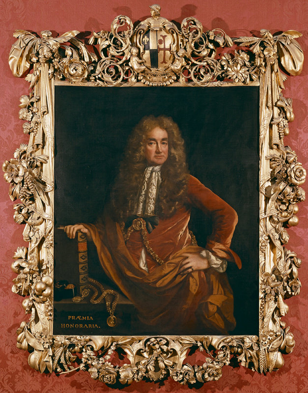 A portrait of Elias Ashmole in the frame made by Greenling Gibbons, before the restoration by the As