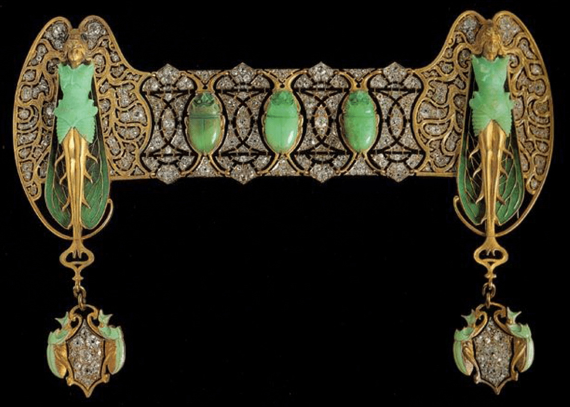 René Lalique. Decorative brooch for Sarah Bernhardt. Gold, enamel, diamonds and chrysoprase