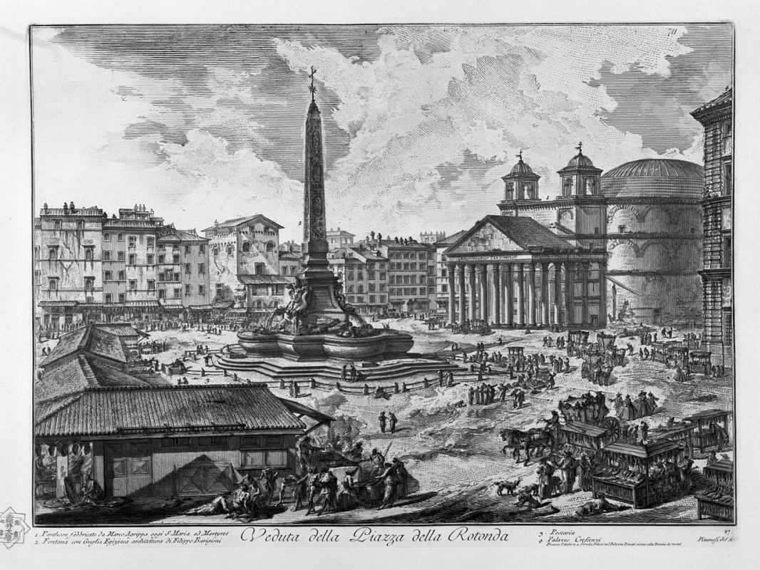 Fountain with an obelisk in front of the Roman Pantheon in Piazza della Rotonda