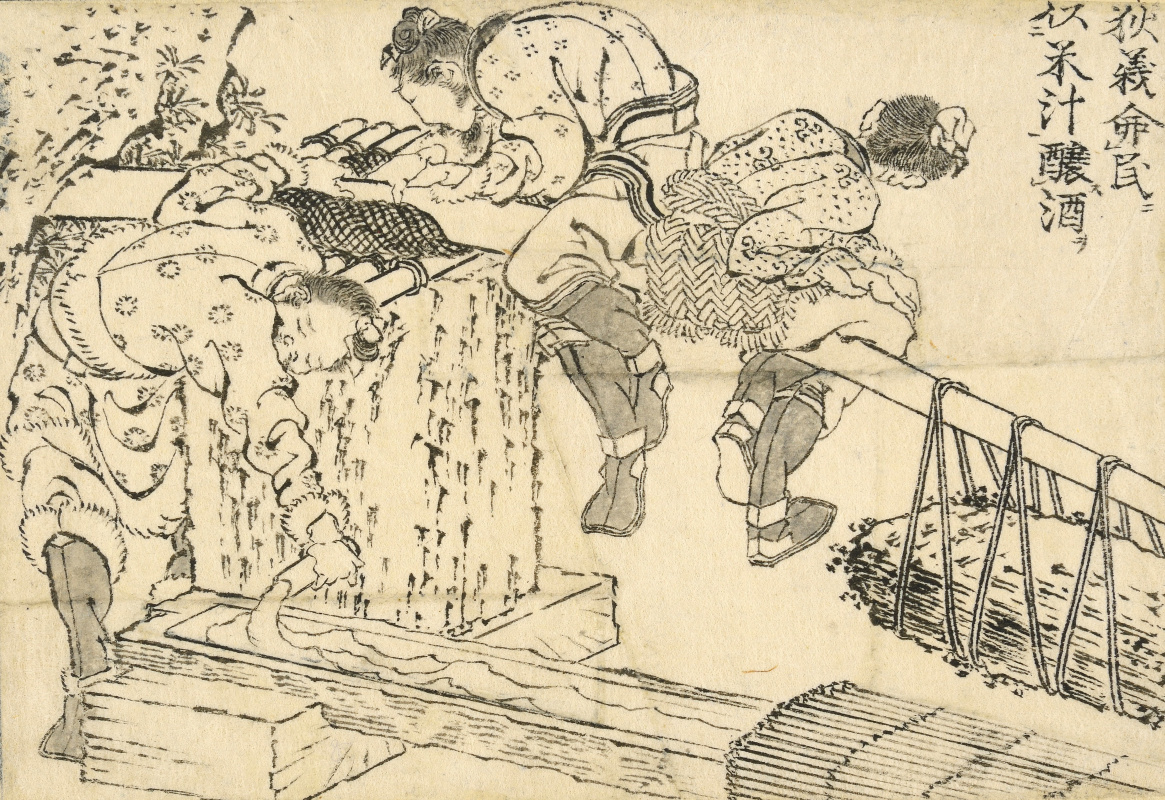 Кацусика Хокусай, «Йи Ди (Гитеки) велит людям использовать рисовый сок для приготовления вина» (1829