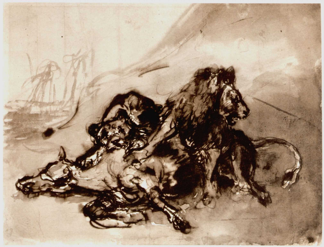 Eugene Delacroix. Lions attacking a horse