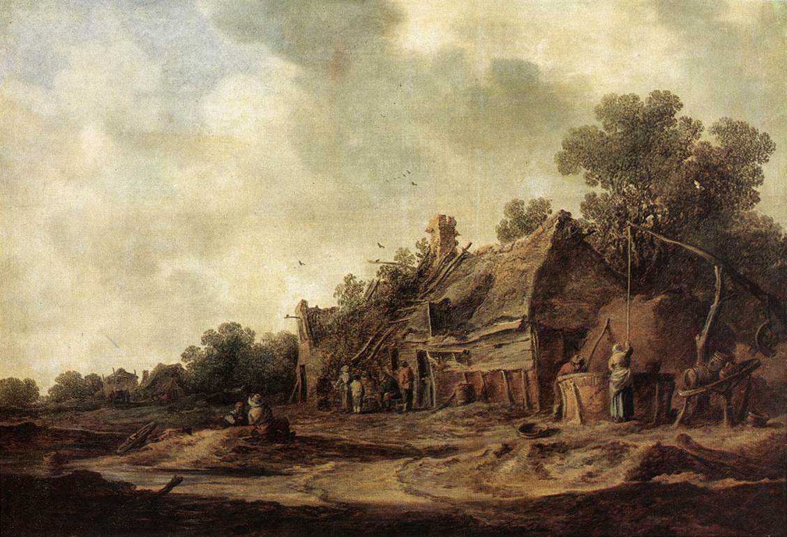 Ян ван Гойен. Пейзаж с крестьянскими избами и колодцем