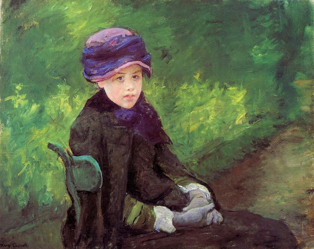 Mary Cassatt. Susan seated outdoors in a purple hat