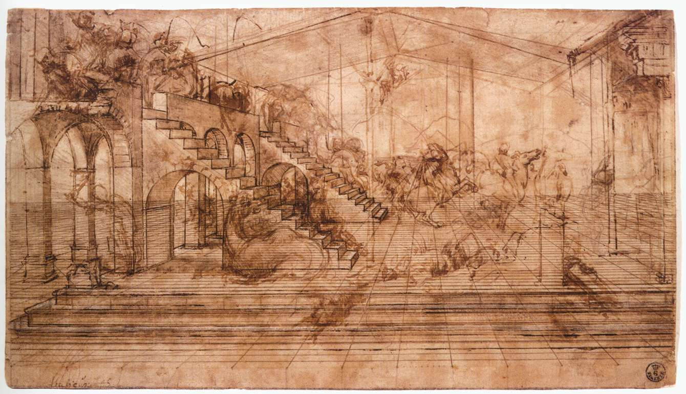 Leonardo da Vinci. Perspective sketch of the "adoration of the Magi"