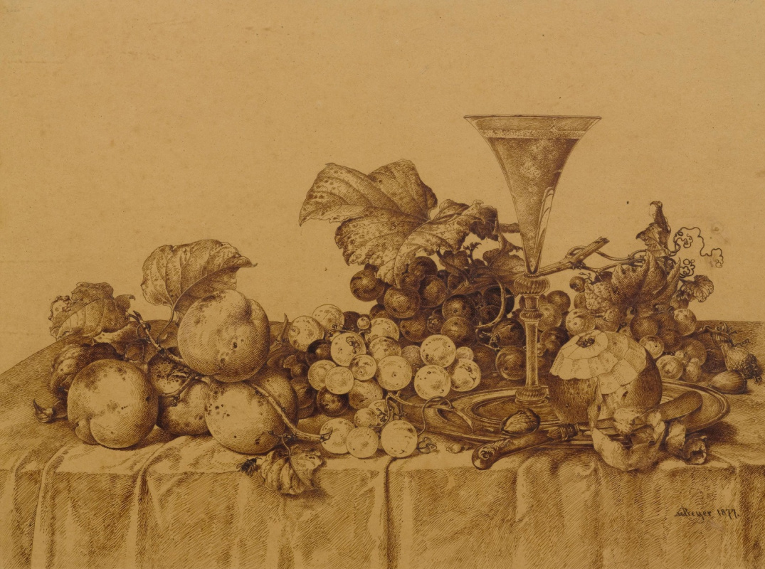 Johann Wilhelm Prairie. Still life with fruit, champagne and a tin dish. 1877