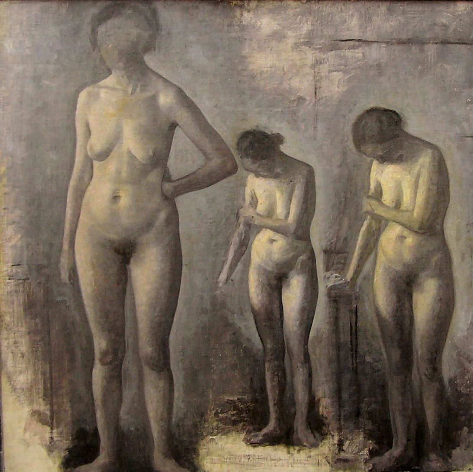 Вильгельм Хаммерсхёй Tres modelos desnudos en el estudio, 1910, 77×79 cm:  Descripción de la obra | Arthive