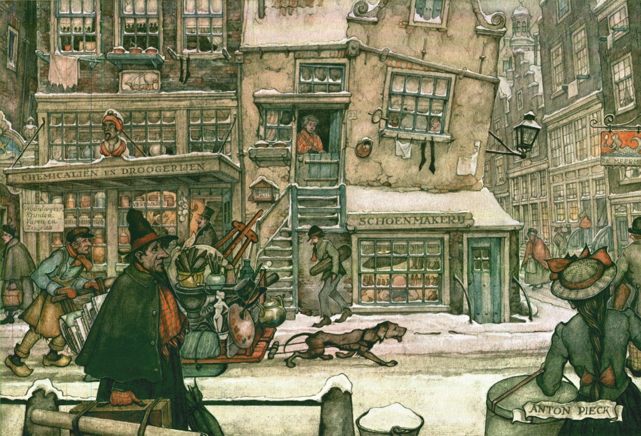 Artist at winter city street, 1950, 34×23 cm by Anton Pieck