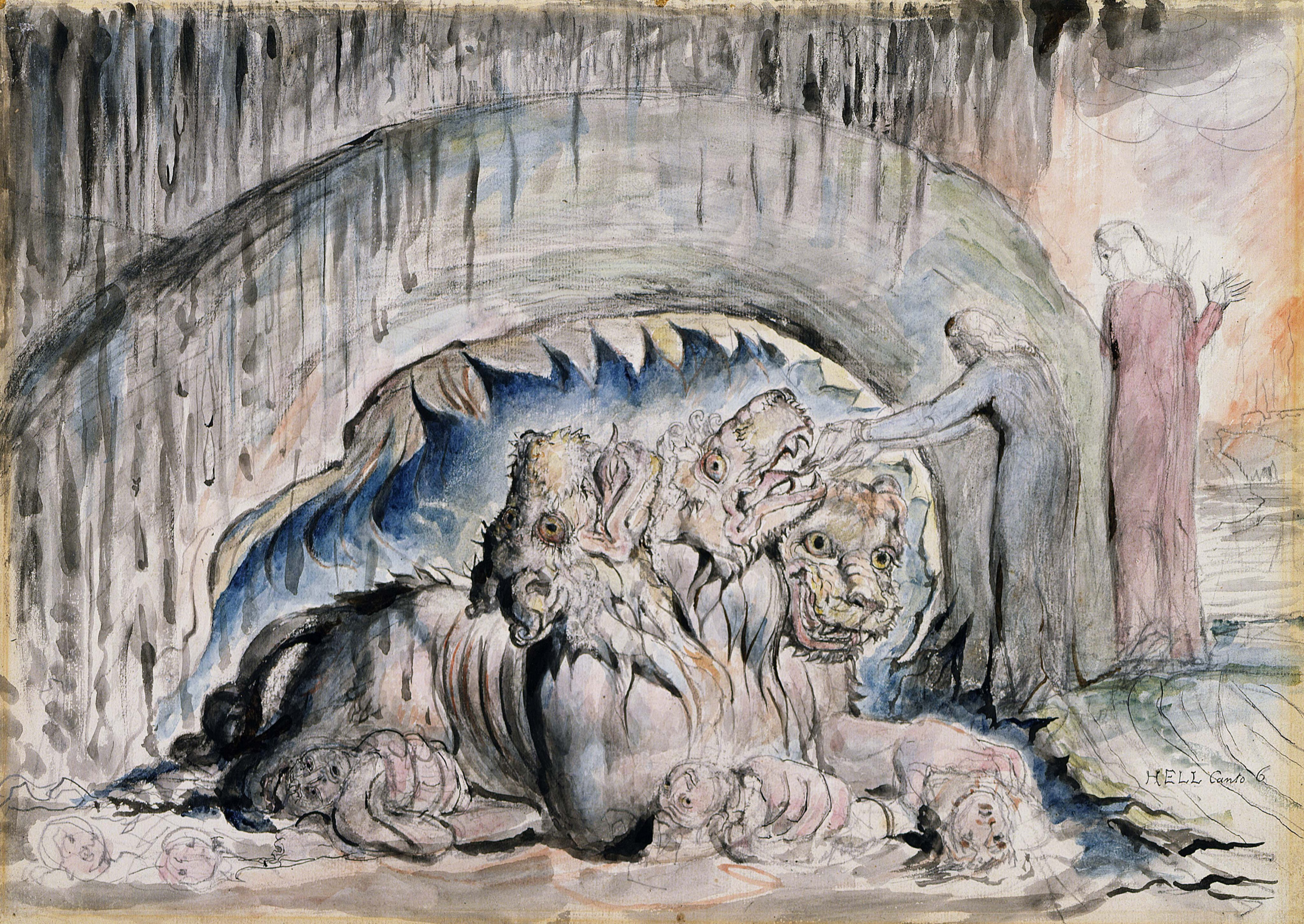 William Blake. Dante and Virgil with Cerberus. Illustrations for "the divine Comedy"