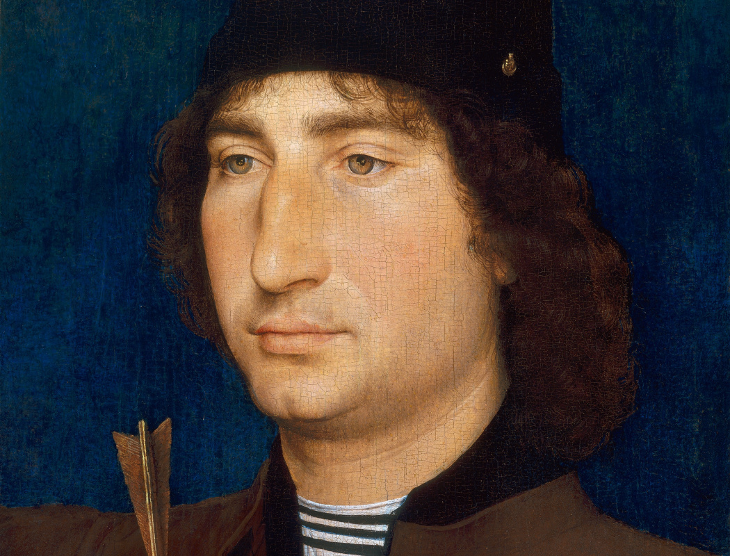 Hans Memling. Portrait of a man with an arrow. Fragment