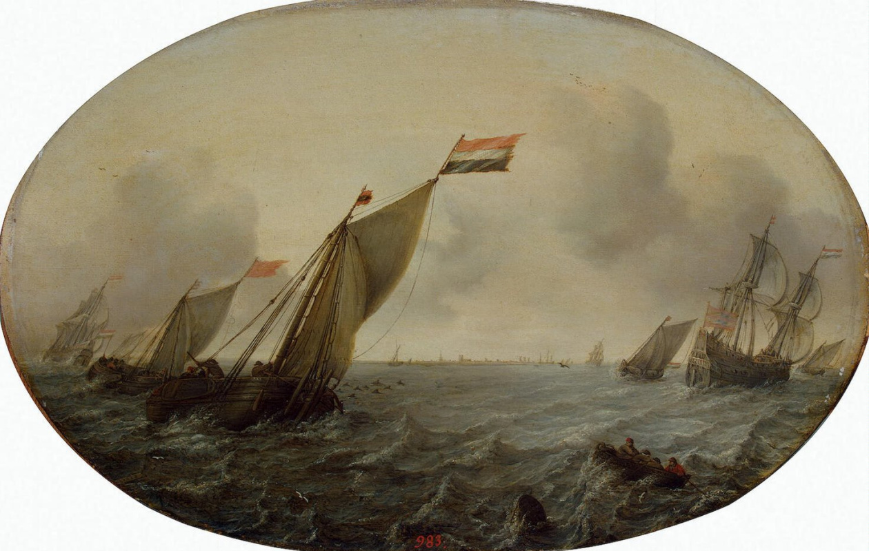 Simon de Vliger. Ships in windy weather