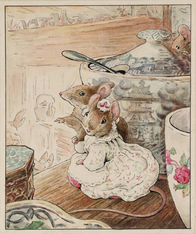 The hostess mouse, fussy and caring – the fairy-tale character by Beatrix Potter (1866−1943).