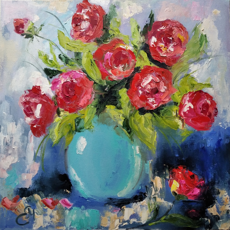 Frost Eugenia. Roses in a turquoise vase