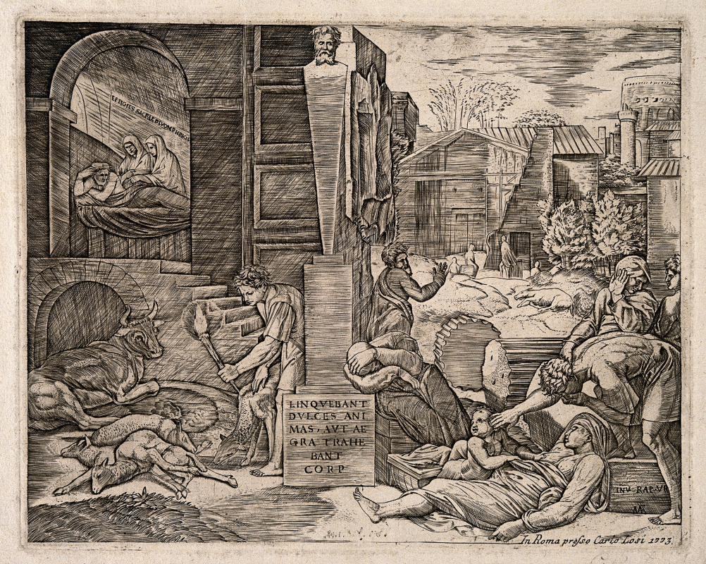 Marcantonio Raimondi. The plague in Phrygia. The engraved work of Raphael