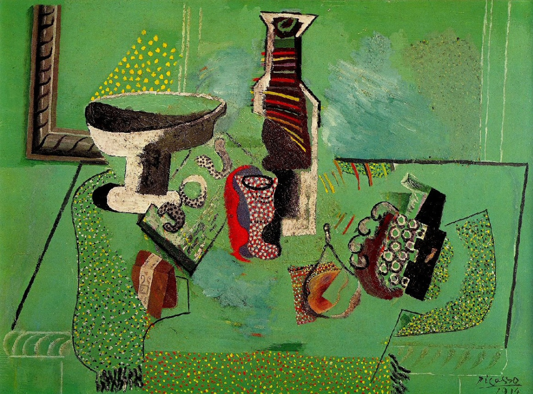 Pablo Picasso. Vase, glass, bottle and fruit (Green still life)