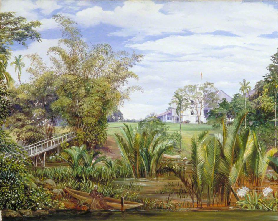 Марианна Норт. Пейзаж с лодкой и мостом, Саравак, Борнео