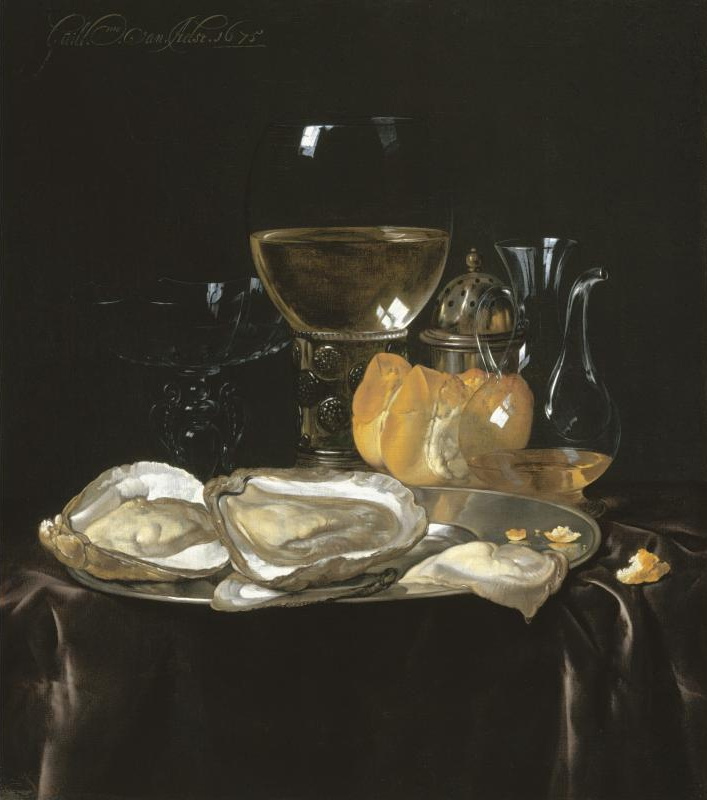 Willem van Aelst. Still life with römer, decanter and oysters on a silver platter