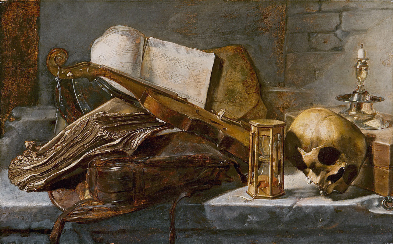 Jan Lievens. Vanitas. Still life with a skull, a clock and a violin