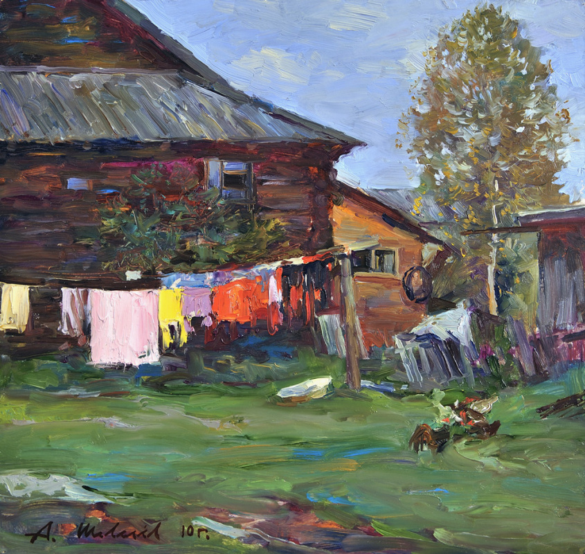 Alexander Shevelyov. Behind the house in Sherehovichi.Oil on canvas 32,2 # 35,3 cm 2010