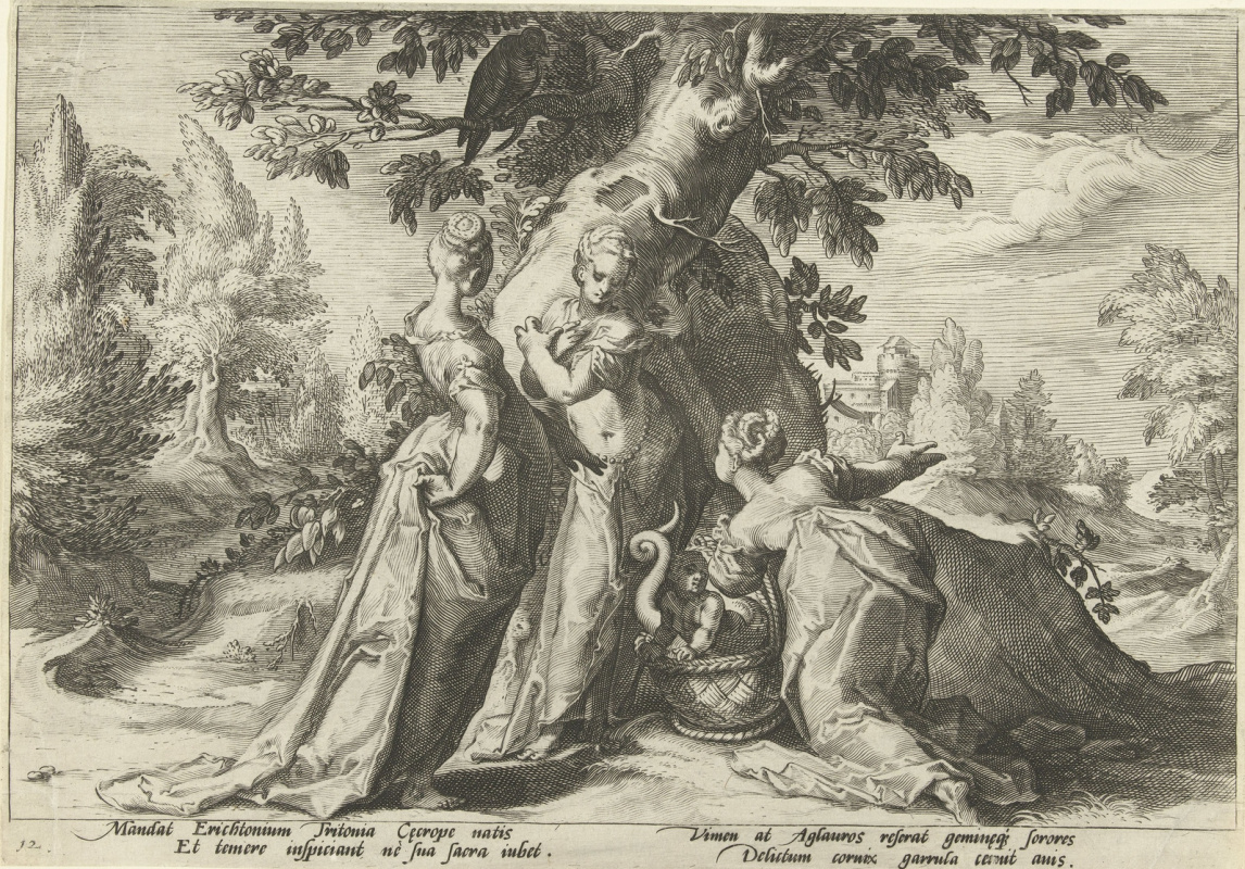 Хендрик Гольциус. Дочери Кекропса открывают корзинку, подаренную им Минерво. 1590  резцовая гравюра