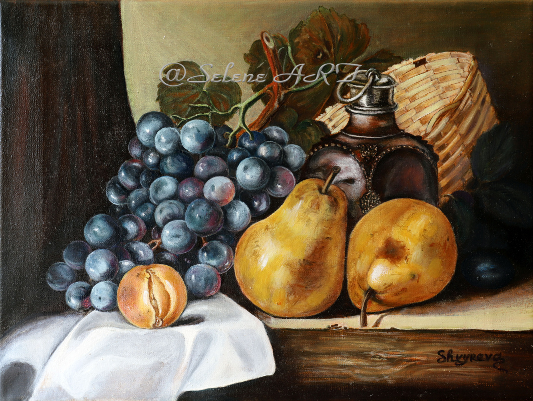 Elena Sh. Pears, grapes, greengage, plums and a wicker basket