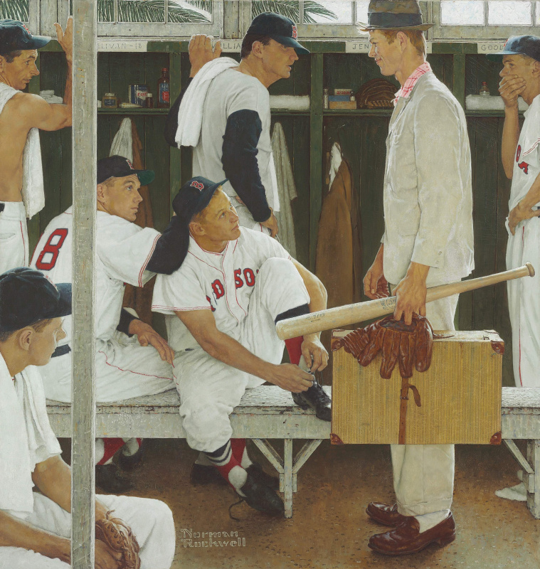 Norman Rockwell. The Rookie (Red Sox Locker Room). Cover of "The Saturday Evening Post" (March 2, 1957)