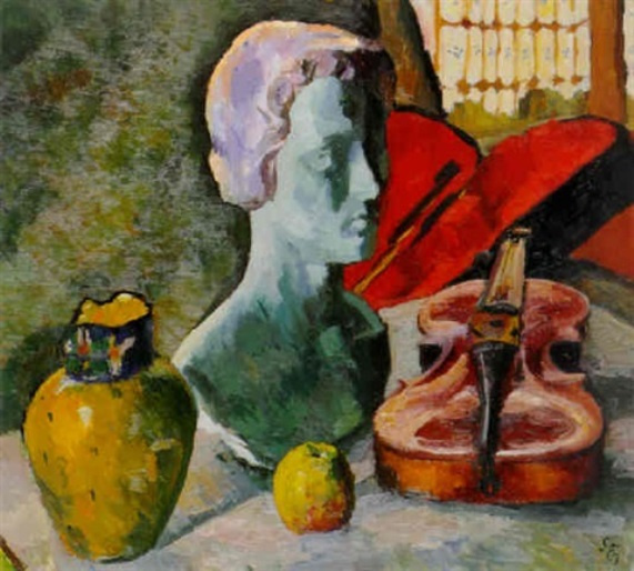 Giovanni Giacometti. Still life with yellow vase, a violin and a plaster head