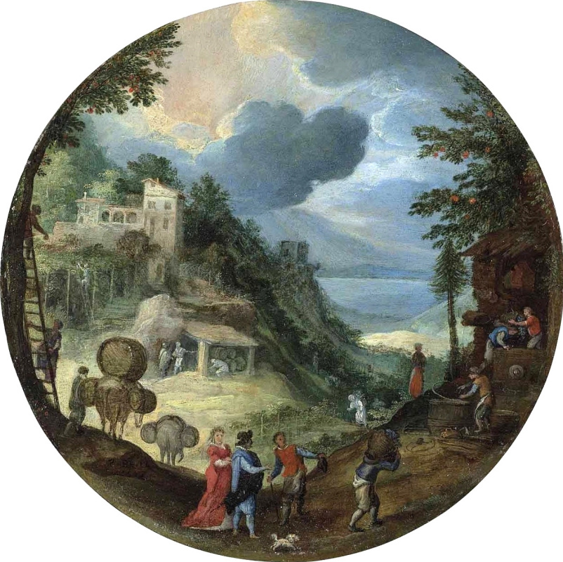 Paul Brill. Alegoría del otoño (Bosque, paisaje con figuras y una rotativa) 1598