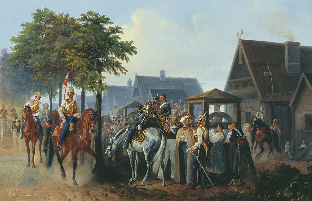Adolf Iosifovich Charlemagne. Guard on guard in the village during maneuvers in 1851. Central Military History Museum of Artillery, Engineers and Communications, St. Petersburg