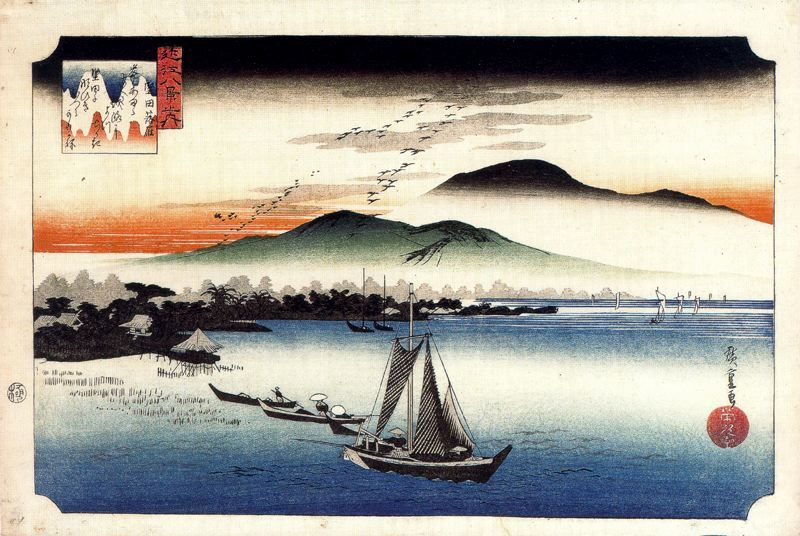Utagawa Hiroshige. Geese fly Qatada, lake Biwa