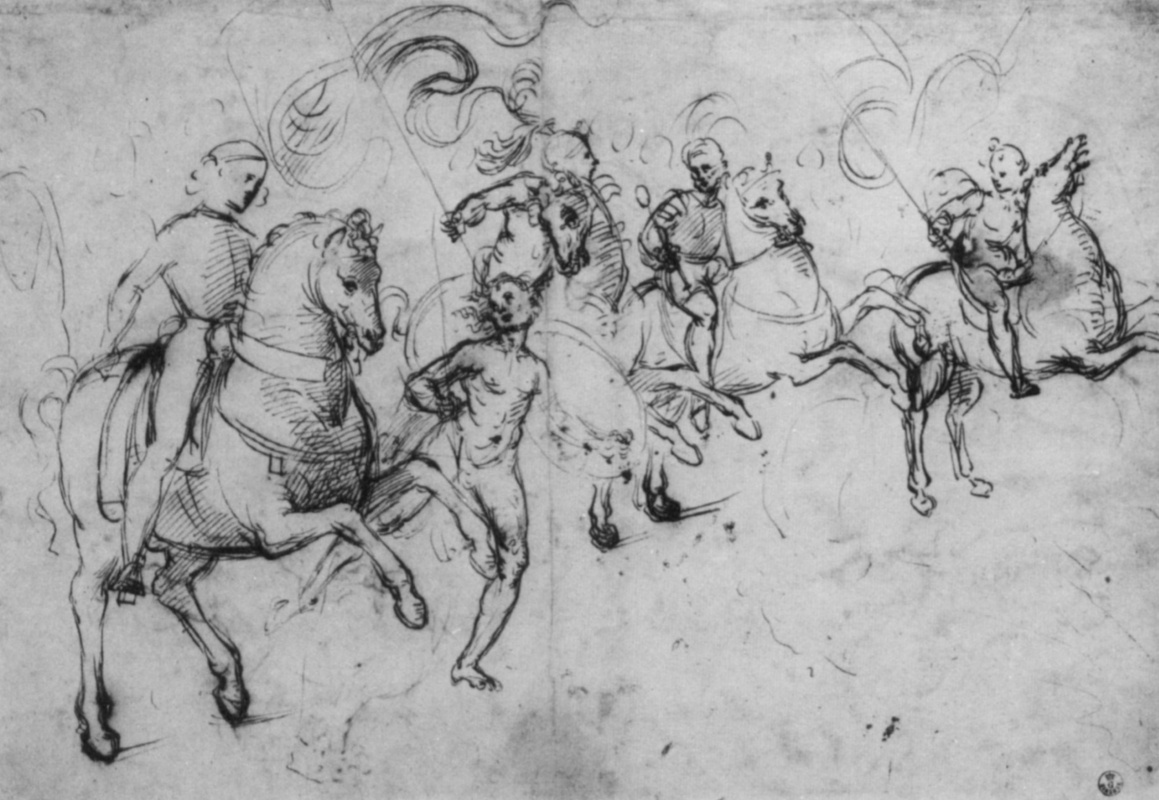 Raphael Sanzio. Sketch the four horsemen and captive warrior to paint the library Piccolomini in Siena