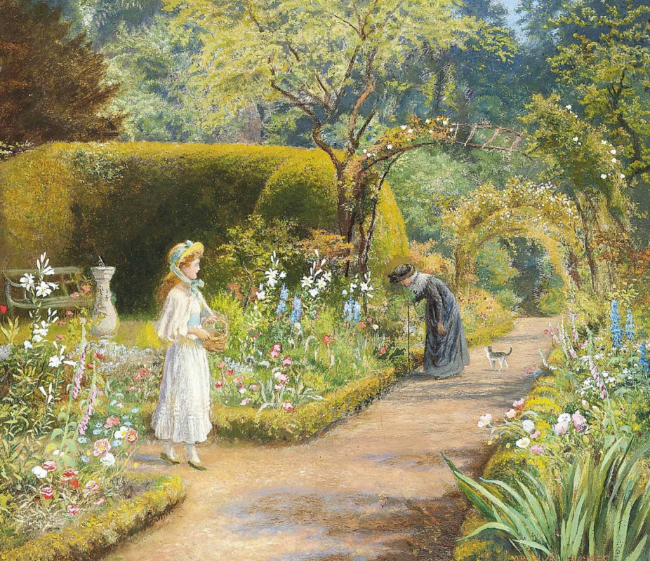 Arthur Hughes. In the garden: a visit to the grandmother