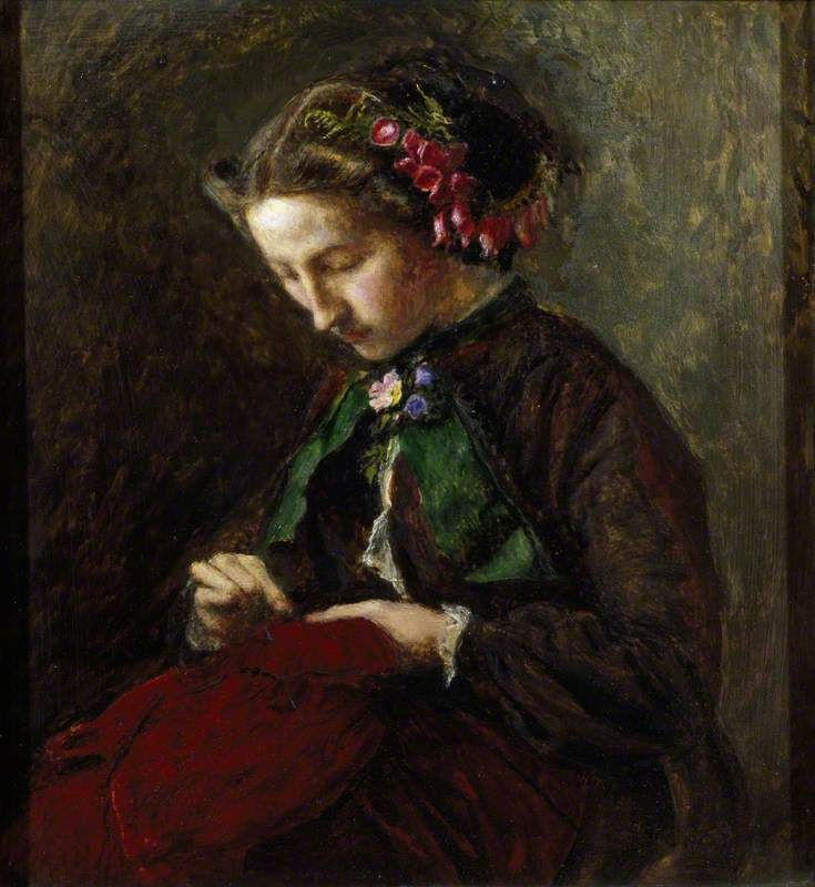 John Everett Millais. EFFIE gray sewing. Portrait of Foxglove with flowers in her hair
