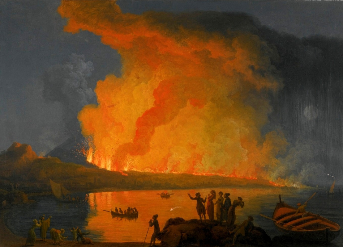 Pierre-Jacques Woller. Vesuvius eruption at night with viewers in the foreground.