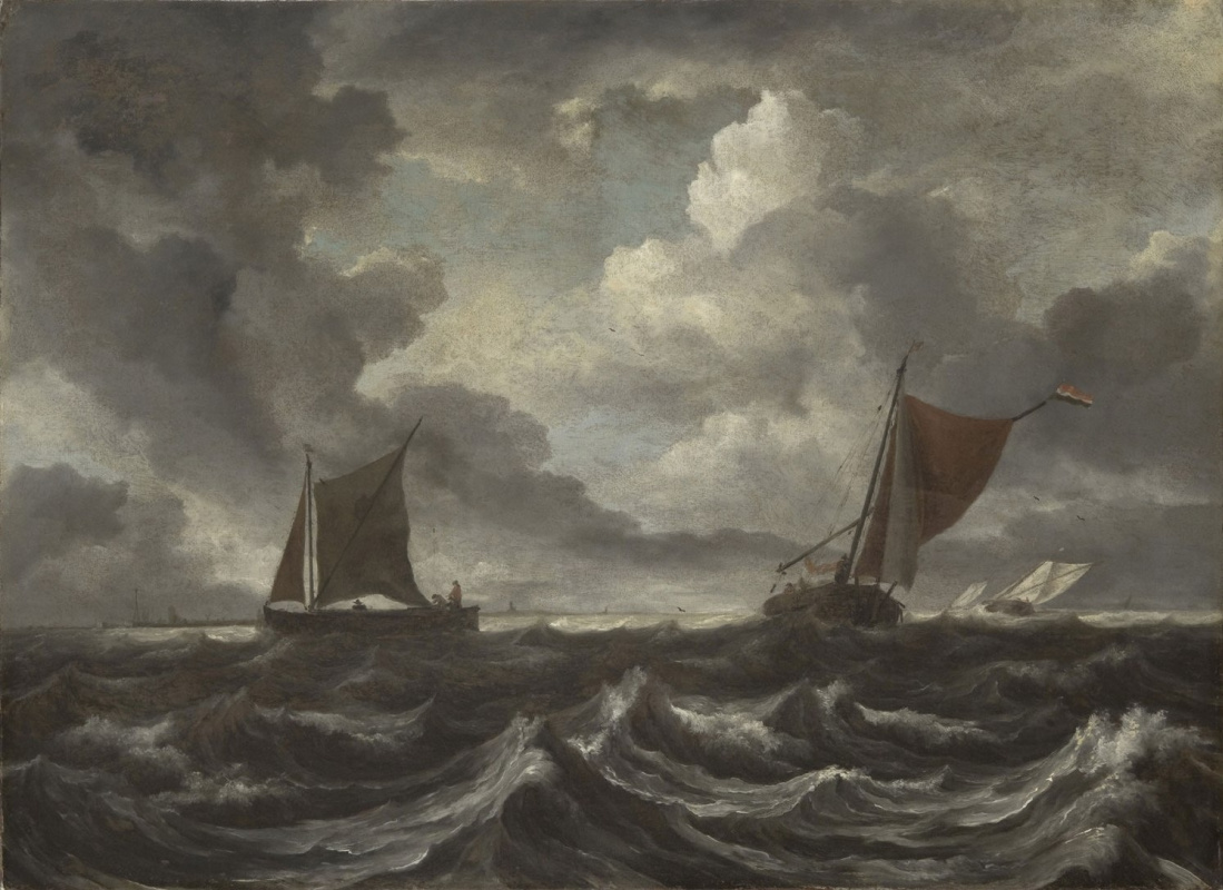 Jakob van Isaacs Ruisdael. 小船在风雨如磐的海