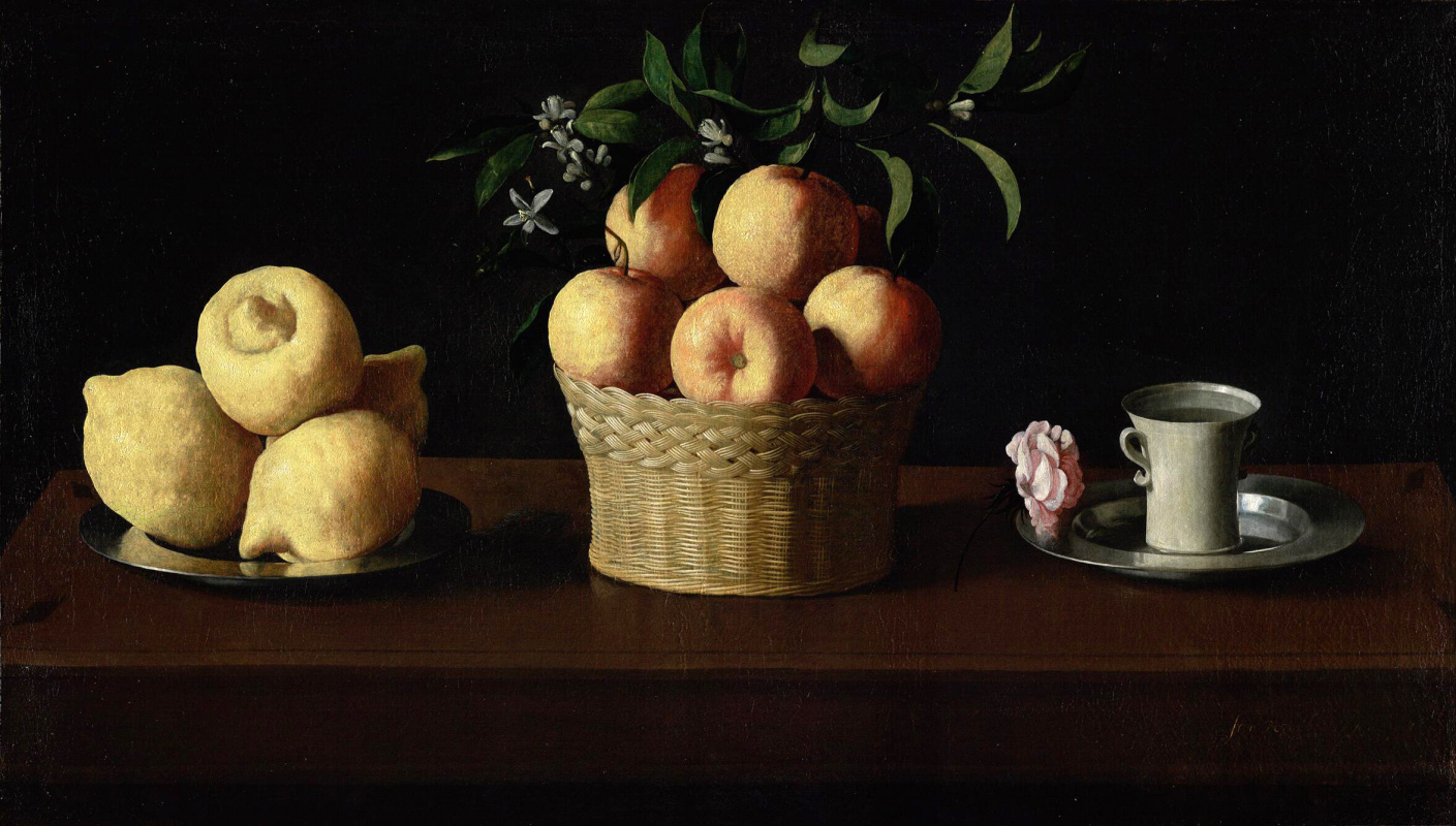Франсиско де Сурбаран. Тарелка с лимонами, корзина с апельсинами и роза на блюдце