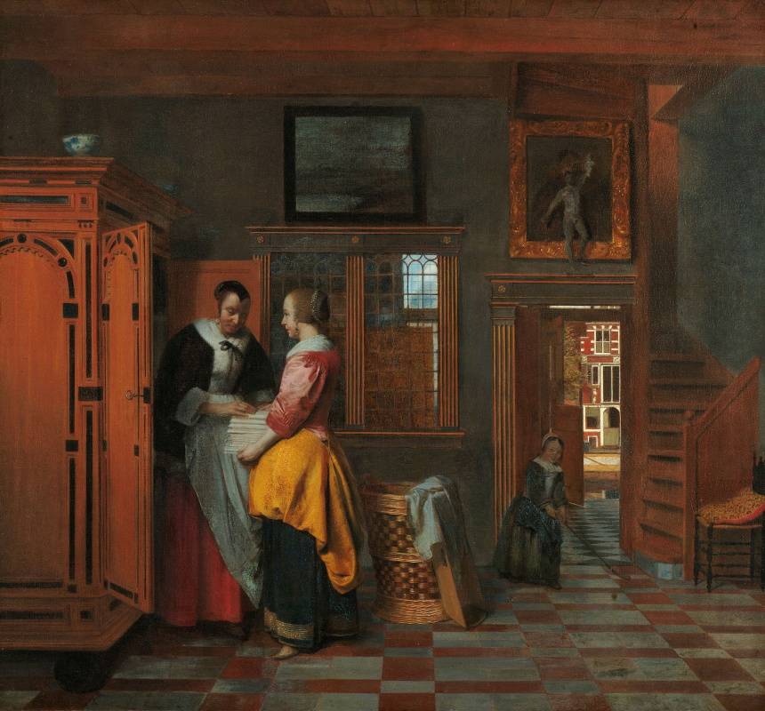 Pieter de Hooch. Interior with women at a linen closet