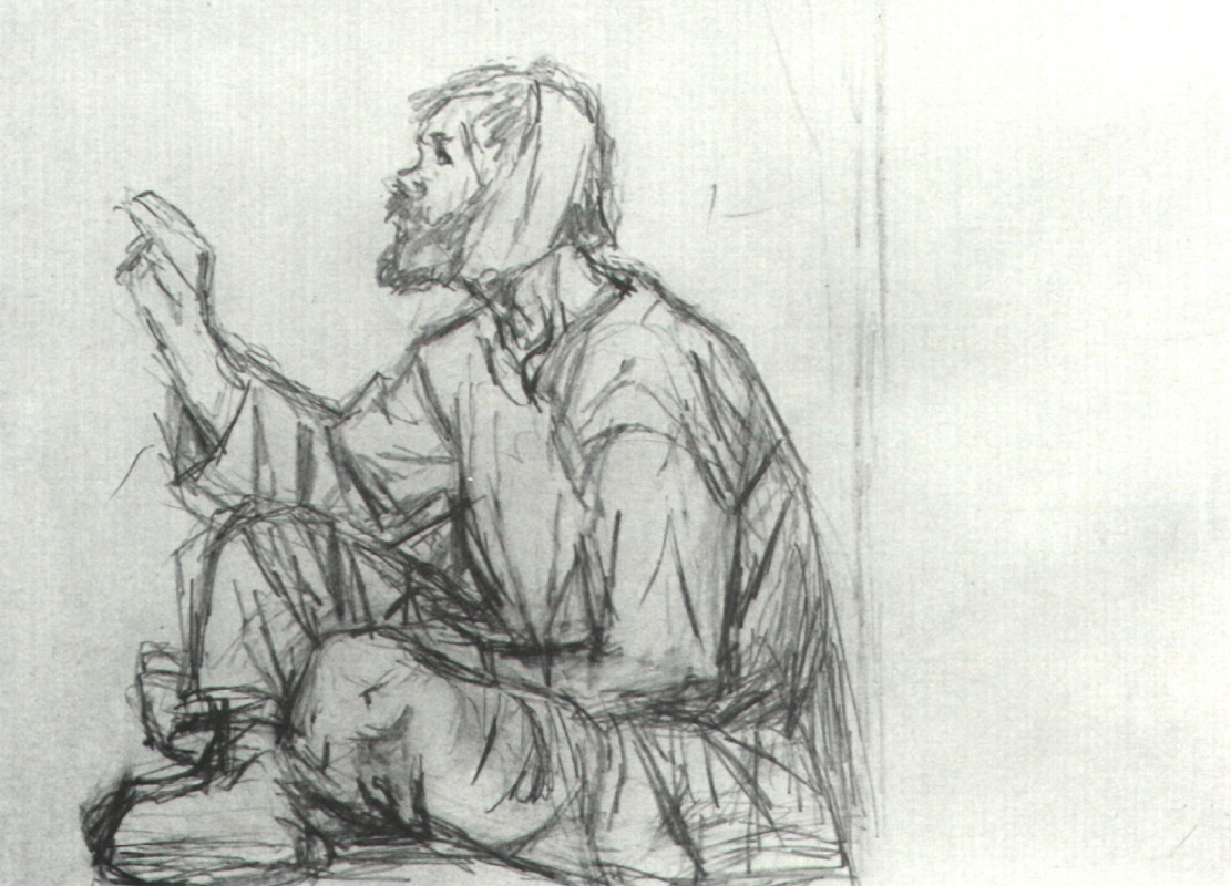Vasily Ivanovich Surikov. The fool, sitting on the ground. Sketch for the painting "Boyarynya Morozova"