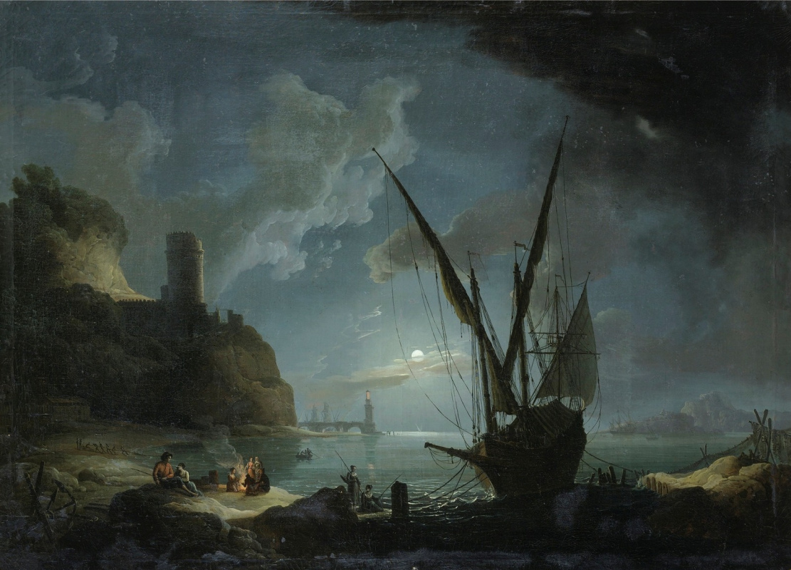 Pierre-Jacques Woller. A circle. Mediterranean harbor in the moonlight.