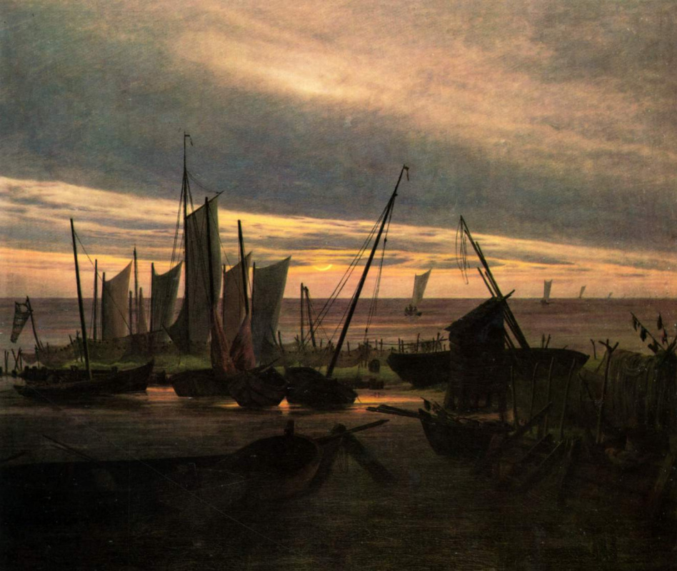 Caspar David Friedrich. Ships in the evening harbor