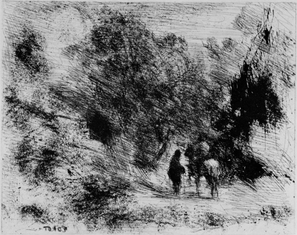 Camille Corot. Horseman and foot travelers in the forest