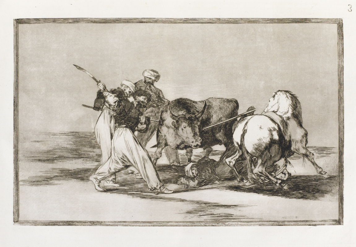 Francisco Goya. A series of "Tauromachia", page 01: once upon a time a Spaniard on horseback hunted the wild bull in the field