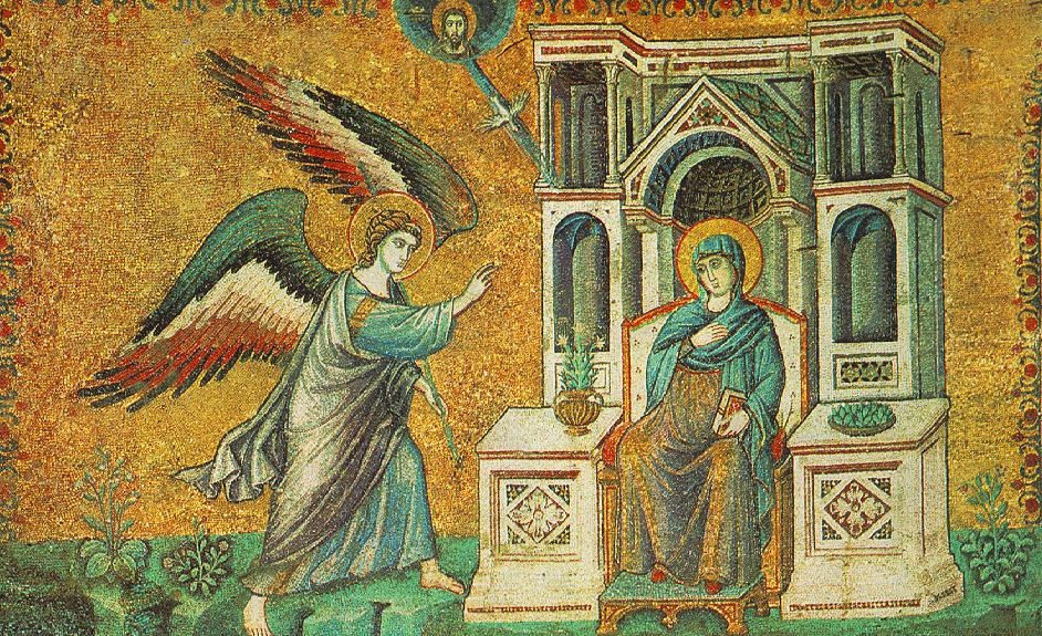 Pietro Cavallini. The Annunciation. From the cycle of mosaics with six scenes from the life of St. Mary in the Church of Santa Maria in Trastevere in Rome