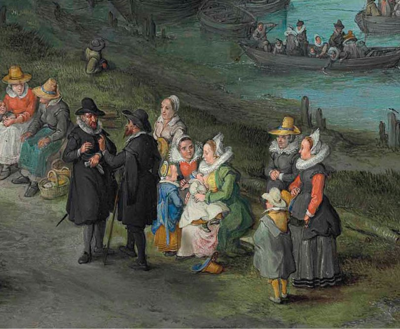 Jan Bruegel The Elder. Dancing figures on the banks of the river fragment. Portrait of the artist with his family