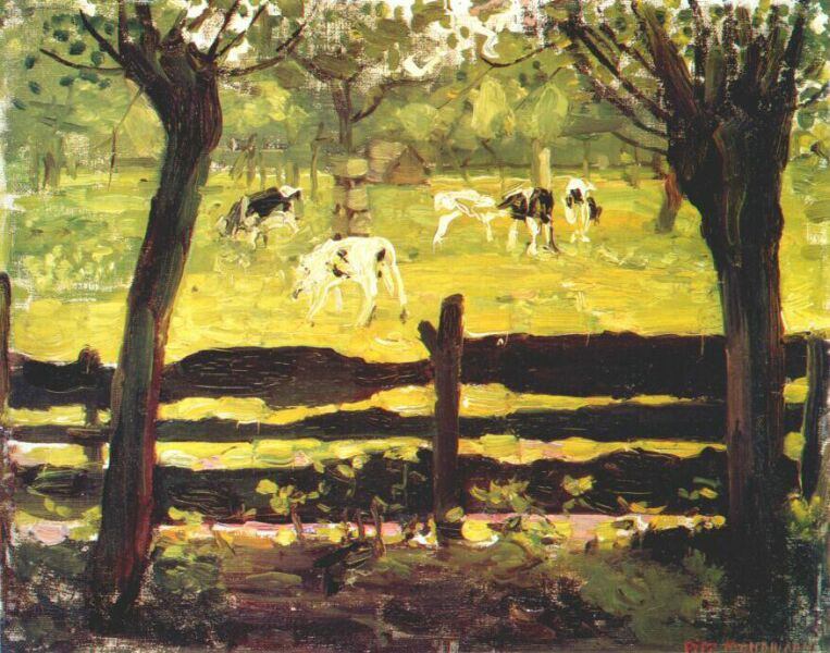 Piet Mondrian. Calves in a field bordered by willow trees